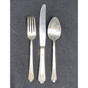 VTG 1940s Rogers DeLuxe Plate Precious Fork Knife Spoon 3 Pc Flatware Set Silver
